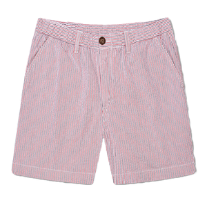 Red and white seersucker shorts with a button closure and belt loops. They feature side pockets and have a classic striped pattern.