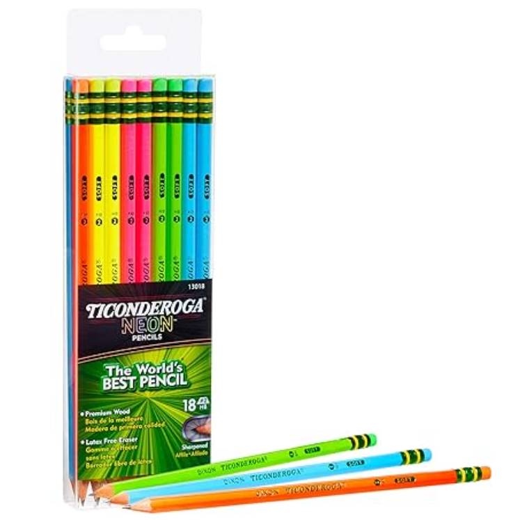 Ticonderoga Neon Pencils, 18-count, include pre-sharpened HB pencils in assorted neon colors. Features premium wood and latex-free erasers.