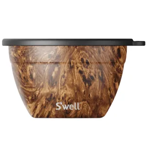 A reusable S'well container with a wood grain design and a black lid.