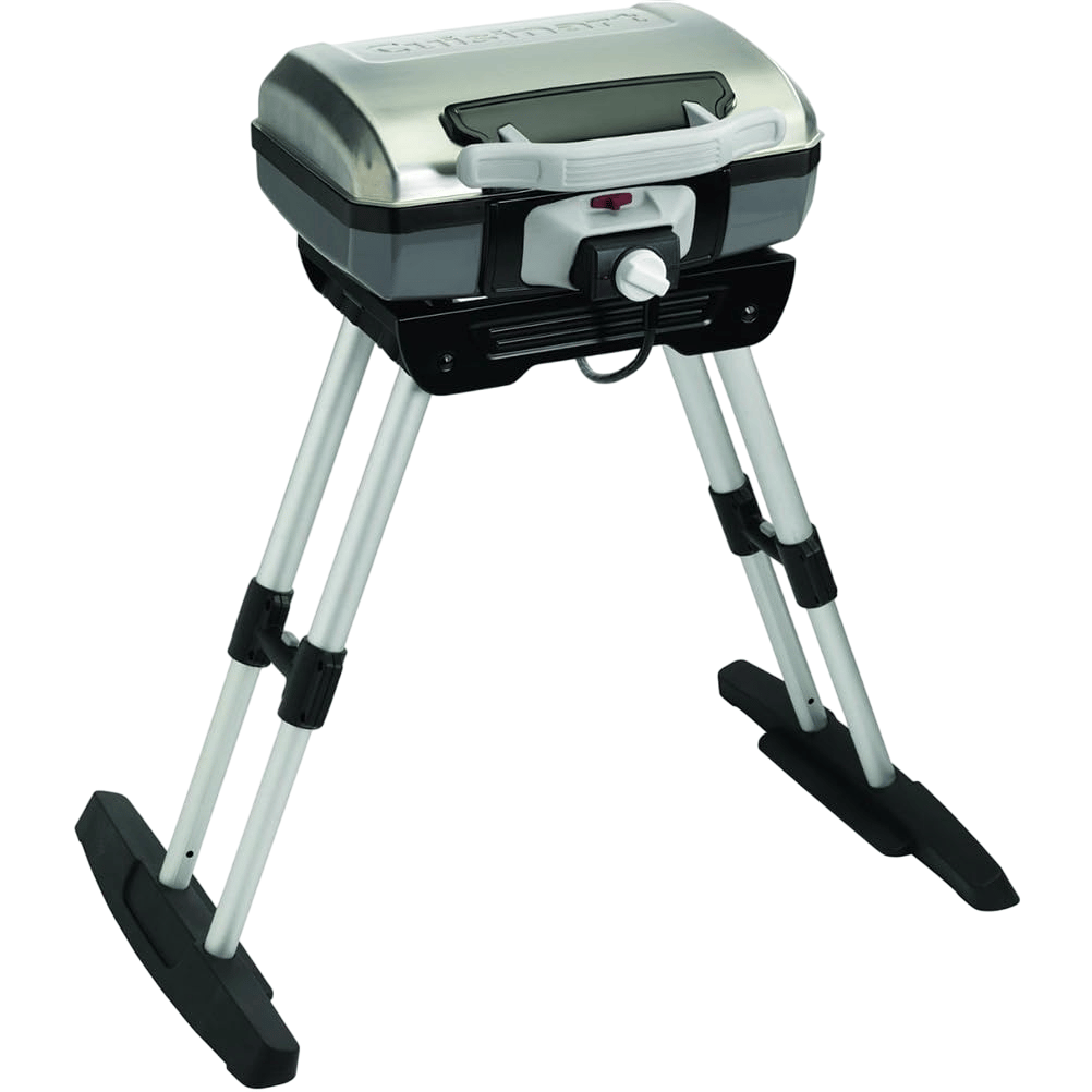 A portable electric grill with a stainless steel cover and foldable, adjustable telescoping legs.