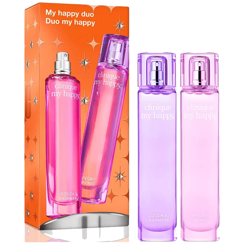 Clinique My Happy Duo includes two fragrances: Cocoa & Cashmere and Peony Picnic, featuring a vibrant orange box with star designs.