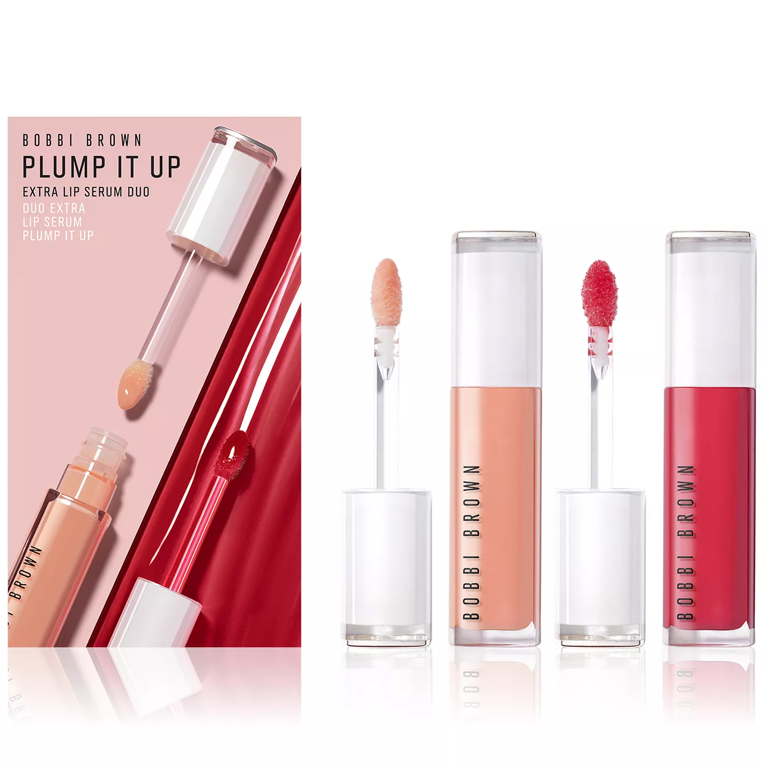 Bobbi Brown \“Plump It Up\“ Extra Lip Serum Duo featuring two lip serums in peach and red shades with applicators, designed for plumping lips.