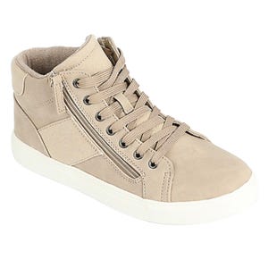 Beige high-top sneakers with a white sole, featuring laces and a side zipper for easy wear. The design is casual and versatile, suitable for everyday use.