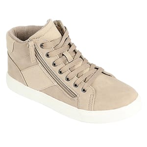 Beige high-top sneakers with a white sole, featuring laces and a side zipper for easy wear. The design is casual and versatile, suitable for everyday use.