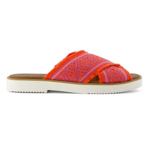 A sandal featuring vibrant orange and pink woven crisscross straps with a fringe detail on a white platform sole.