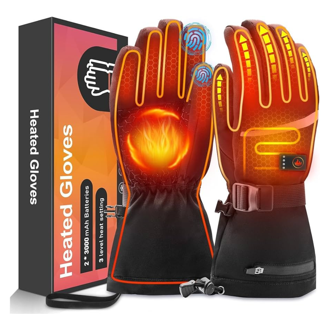 Heated gloves with touchscreen capability, featuring 3 heat settings and equipped with two 3000mAh batteries.