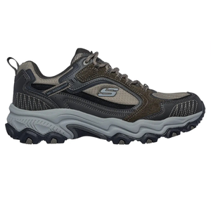 Skechers Men's Stamina Shoes are rugged, waterproof sneakers featuring a durable design with a gray and brown color scheme, cushioned sole, and lace-up closure, ideal for outdoor activities and providing comfort and support.