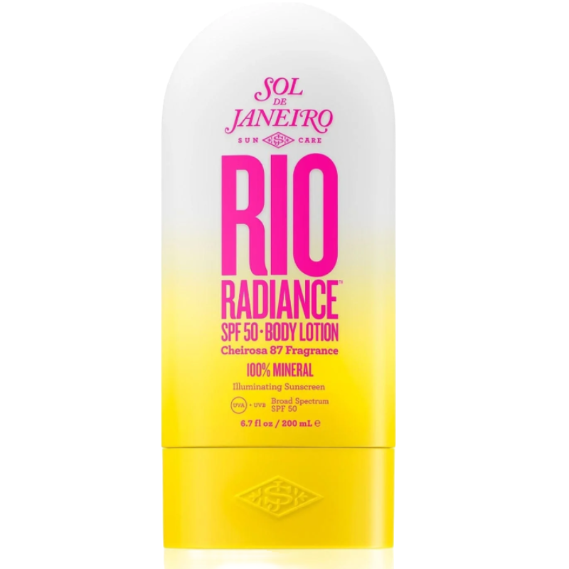 Sol de Janeiro Rio Radiance SPF 50 Body Lotion with Cheirosa 87 Fragrance, 100% mineral, functions as an illuminating broad-spectrum sunscreen. Size: 6.7 fl oz / 200 mL.