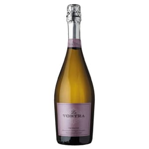 Bottle of La Vostra Prosecco with a pink label and foil top.
