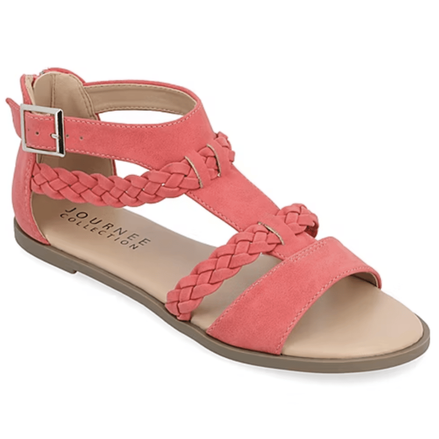 Coral-colored sandal from Journee Collection featuring braided straps and an ankle buckle design.