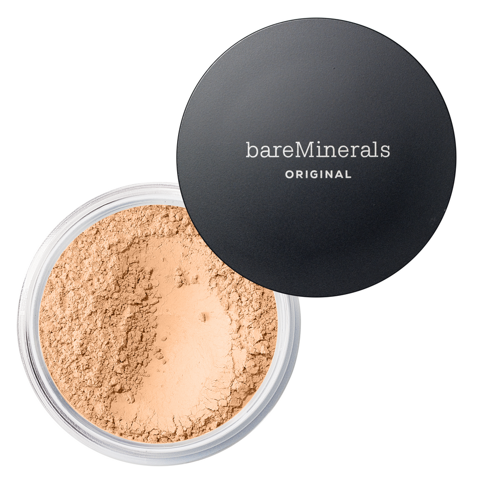 BareMinerals Original SPF Foundation is a loose mineral powder foundation in a circular container with a black lid. It's designed to provide buildable coverage with a natural finish while offering sun protection.