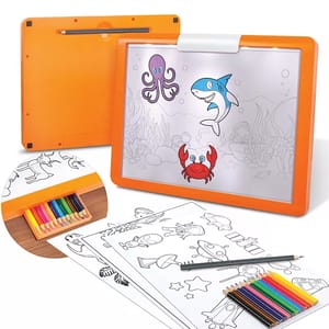 An orange LED tracing tablet for kids with a white illuminated surface, featuring ocean-themed outlines for coloring. Colored pencils and additional design sheets are included, along with a slide-out storage compartment for supplies.
