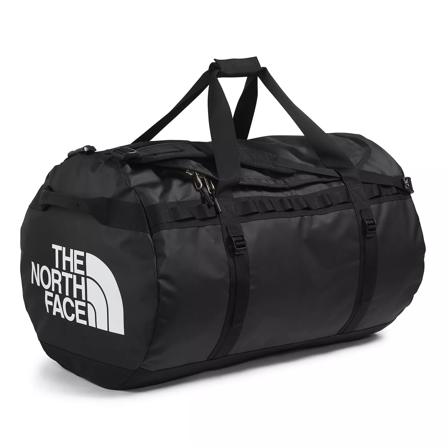 A black duffel bag from The North Face with durable straps and a zippered closure, featuring the brand's logo in white.