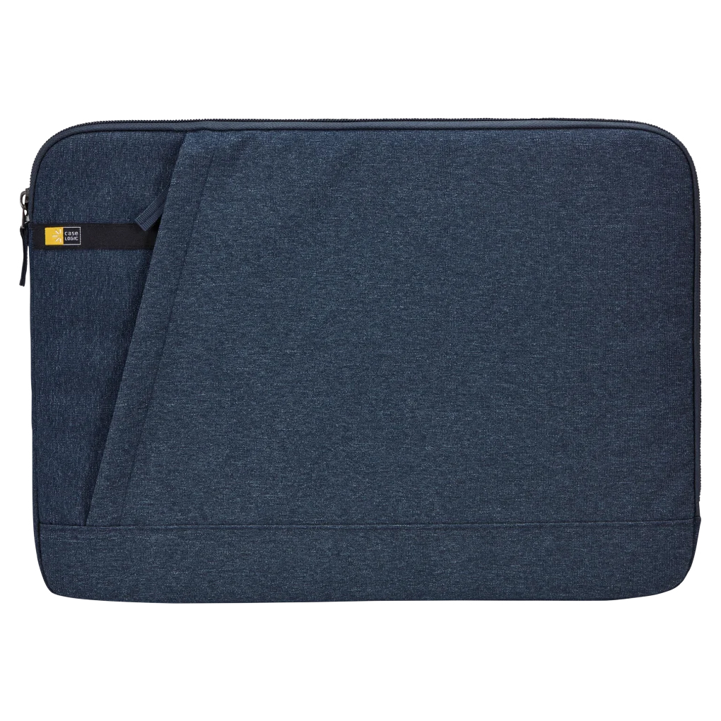 A dark blue Case Logic laptop sleeve featuring a zipper closure and an angled exterior pocket, designed for protection and convenience.