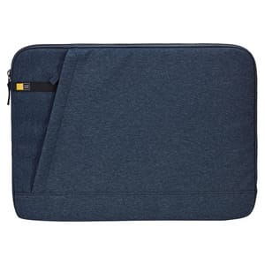 A dark blue Case Logic laptop sleeve featuring a zipper closure and an angled exterior pocket, designed for protection and convenience.