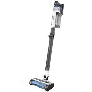 Cordless stick vacuum cleaner with a slim design, featuring a detachable dustbin and motorized brush head.