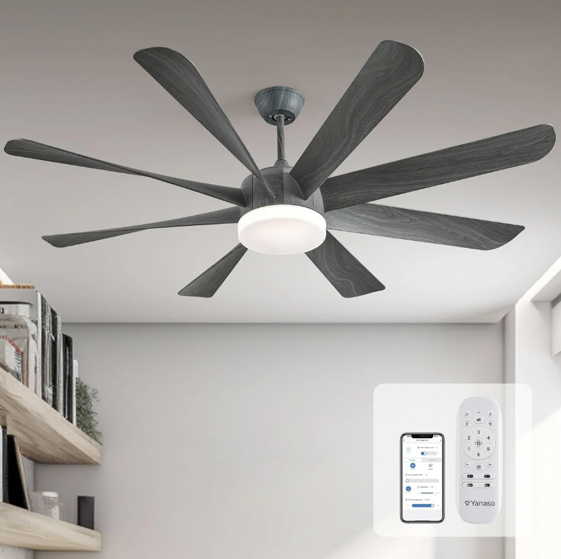 A 60-inch ceiling fan with an integrated light fixture and eight dark blades is accompanied by a remote control and a smartphone app interface for operation.