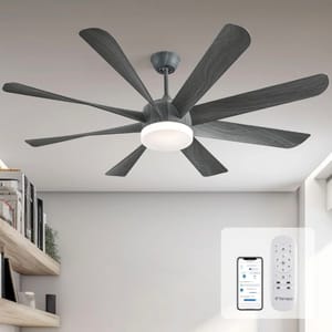 A 60-inch ceiling fan with an integrated light fixture and eight dark blades is accompanied by a remote control and a smartphone app interface for operation.