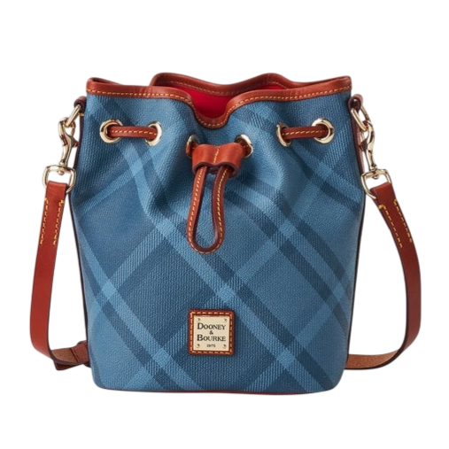 A blue bucket bag with a plaid pattern, brown leather trim, adjustable shoulder strap, gold hardware, and a drawstring closure. Brand logo on the front.
