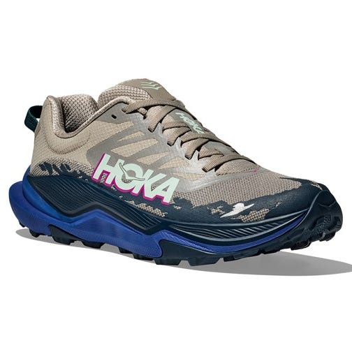 Hoka Torrent 4 Men's Shoes feature a beige and dark blue color scheme with a breathable mesh upper and cushioned sole for trail running. They have a durable, textured outsole for traction and prominent branding on the side.