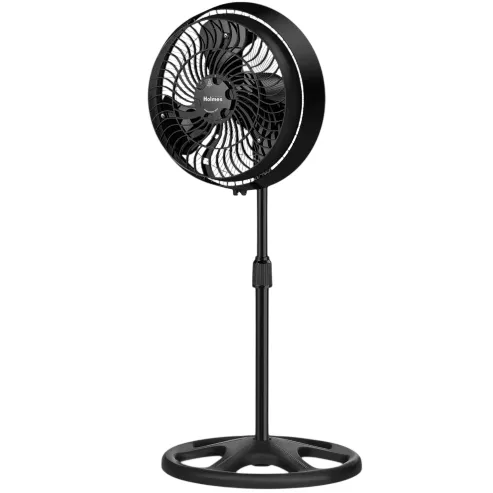 A black pedestal fan with a circular base and adjustable height, featuring a mesh grille and visible branding on the fan guard.