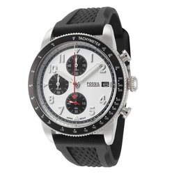 A Fossil chronograph watch with a silver-toned case, black tachymeter bezel, white dial, and black subdials, featuring large Arabic numerals and a black textured strap.