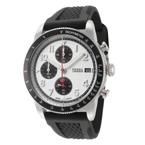 A Fossil chronograph watch with a silver-toned case, black tachymeter bezel, white dial, and black subdials, featuring large Arabic numerals and a black textured strap.
