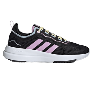 A black sneaker with pink stripes, featuring a mesh upper, yellow laces, and a white sole with \“cloudfoam\“ branding.