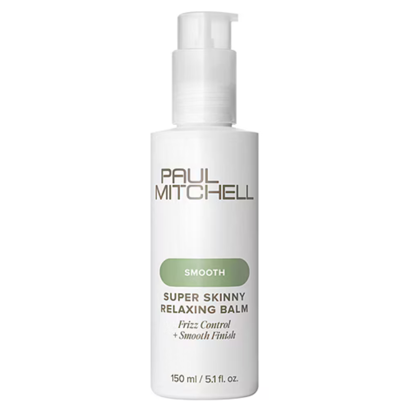 Paul Mitchell Super Skinny Relaxing Balm is for smoothing and frizz control, featuring a pump bottle design with a 150 ml (5.1 fl. oz.) capacity.
