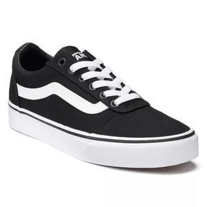 Black low-top sneakers with a white wavy stripe, white laces, and a thick white sole.