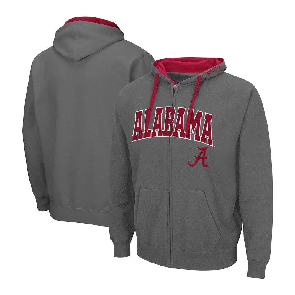 Gray zip-up hoodie featuring \“ALABAMA\“ in red letters and the Alabama \“A\“ logo, with a red-lined hood and drawstrings.