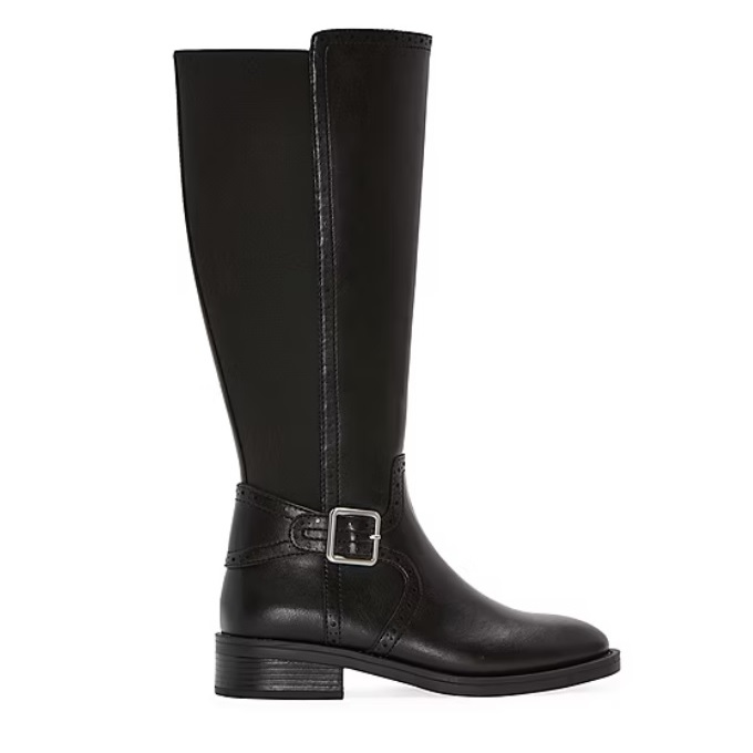 St. John's Bay Toysen Riding Boots feature a sleek black design with a tall shaft, a decorative side buckle, and a low heel. They offer a classic and stylish look for versatile wear.
