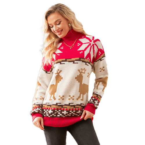 A festive sweater featuring a red and white pattern with reindeer and snowflakes, worn by a person with long blonde hair.