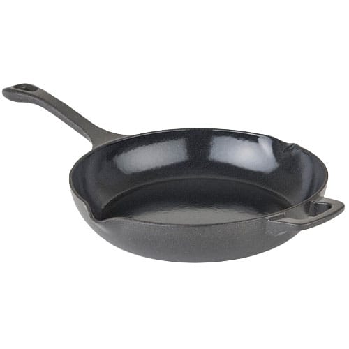 Cast iron skillet with a long handle and a small assist handle, featuring a glossy black interior.