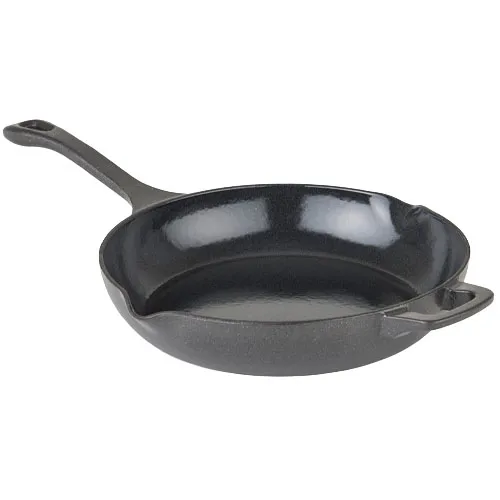 Cast iron skillet with a long handle and a small assist handle, featuring a glossy black interior.