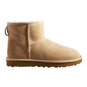 Tan suede ankle boot with a thick sole and a soft, cozy lining.