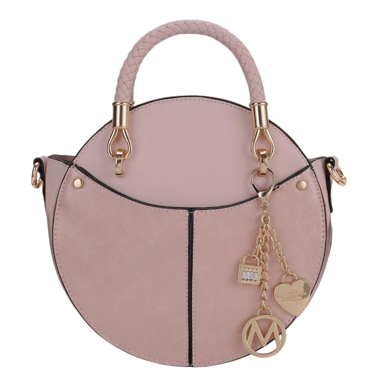 Round pink handbag with a braided handle and gold accents, featuring decorative charms including a heart, lock, and circular emblem.