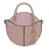 Round pink handbag with a braided handle and gold accents, featuring decorative charms including a heart, lock, and circular emblem.