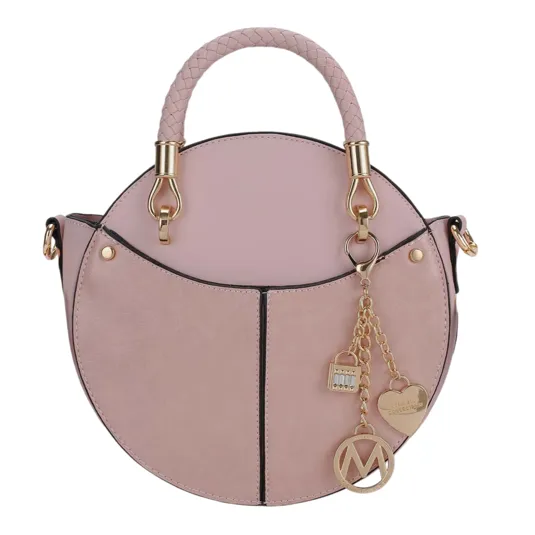 Round pink handbag with a braided handle and gold accents, featuring decorative charms including a heart, lock, and circular emblem.