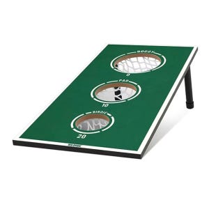 Chip Shot Golf Set features a green inclined board with three circular holes labeled \“Bogey\“ (0 points), \“Par\“ (10 points), and \“Birdie\“ (20 points), each with netting to catch balls.