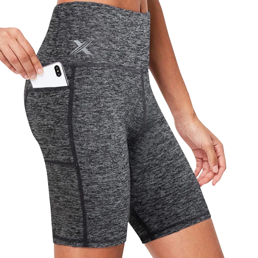 High-waist, dark gray yoga shorts with a marbled pattern, featuring a side pocket for holding small items like a phone.