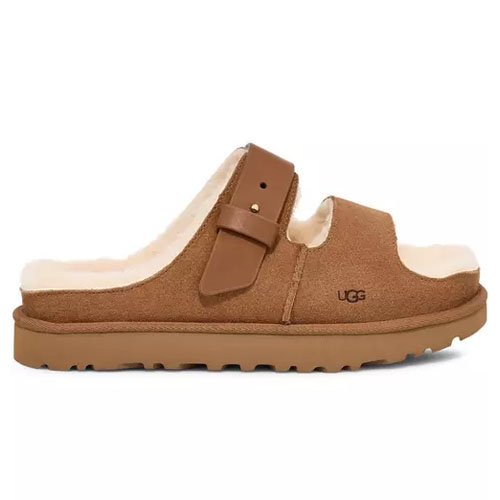 Brown UGG slide sandal with a suede upper, adjustable strap, and shearling lining on a rubber sole.