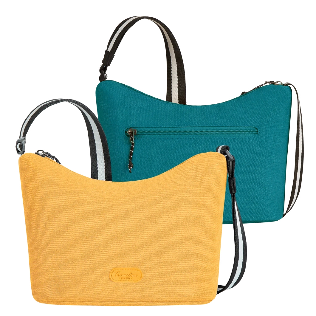 Two crossbody bags are displayed, one in teal and the other in yellow. Both bags feature striped shoulder straps, with the teal bag showing a zippered front pocket.