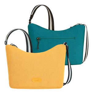 Two crossbody bags are displayed, one in teal and the other in yellow. Both bags feature striped shoulder straps, with the teal bag showing a zippered front pocket.