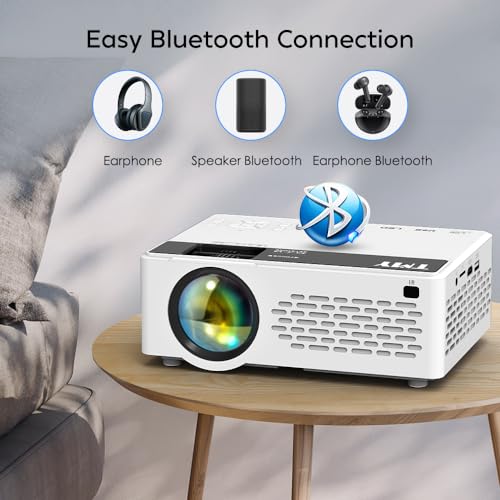 A white projector with a large lens on the left side and ventilation holes on the right is advertised for its easy Bluetooth connection, compatible with earphones and speakers.