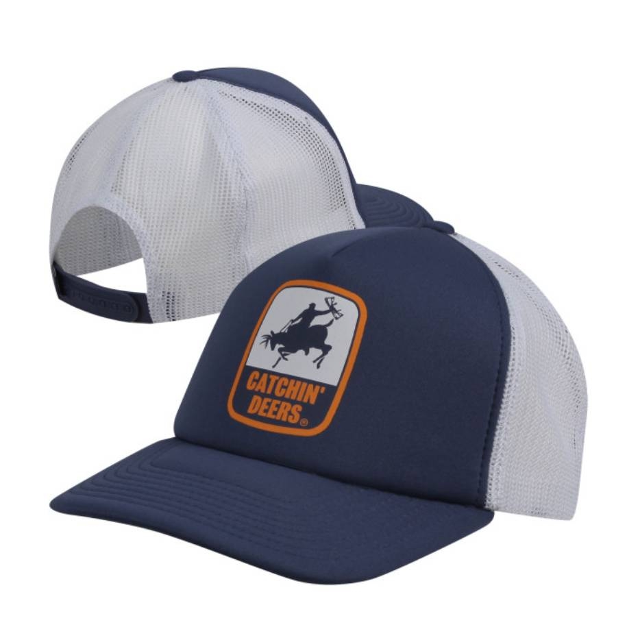 Two-tone trucker hat with a navy front panel featuring a \“Catchin' Deers\“ logo and white mesh back.
