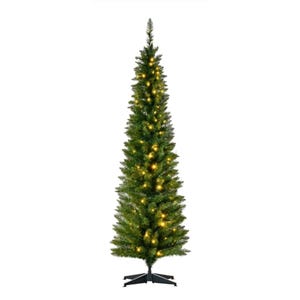 A tall, slender artificial Christmas tree with a simple black stand, pre-lit with yellow lights evenly distributed throughout its green branches.