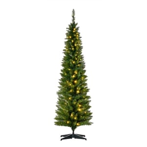 A tall, slender artificial Christmas tree with a simple black stand, pre-lit with yellow lights evenly distributed throughout its green branches.