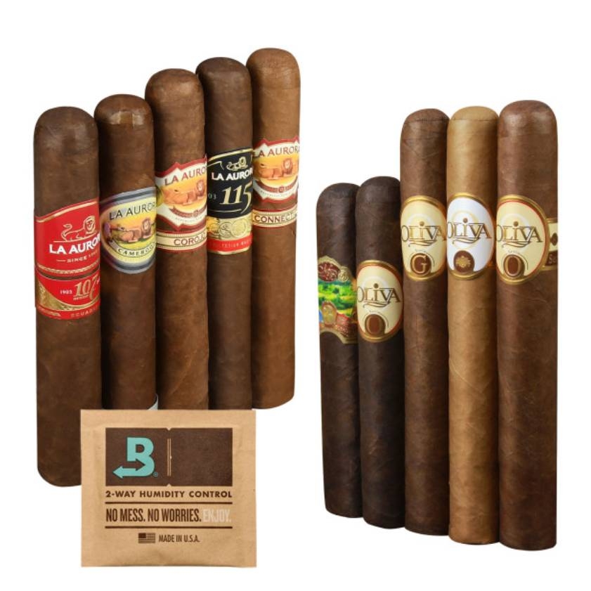 The 10-Cigar Variety Pack includes a selection of La Aurora and Oliva cigars, each distinctively banded, accompanied by a 2-way humidity control packet from Boveda to maintain freshness.