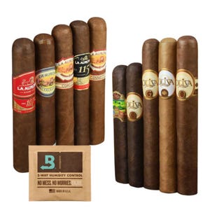 The 10-Cigar Variety Pack includes a selection of La Aurora and Oliva cigars, each distinctively banded, accompanied by a 2-way humidity control packet from Boveda to maintain freshness.